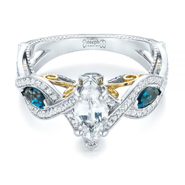 18k White Gold And 18K Gold Custom Two-tone London Blue Topaz And Diamond Engagement Ring - Flat View - 103381