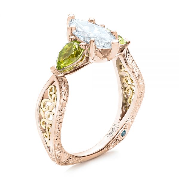 18k Rose Gold And 14K Gold 18k Rose Gold And 14K Gold Custom Two-tone Marquise Diamond And Peridot Engagement Ring - Three-Quarter View -  101990