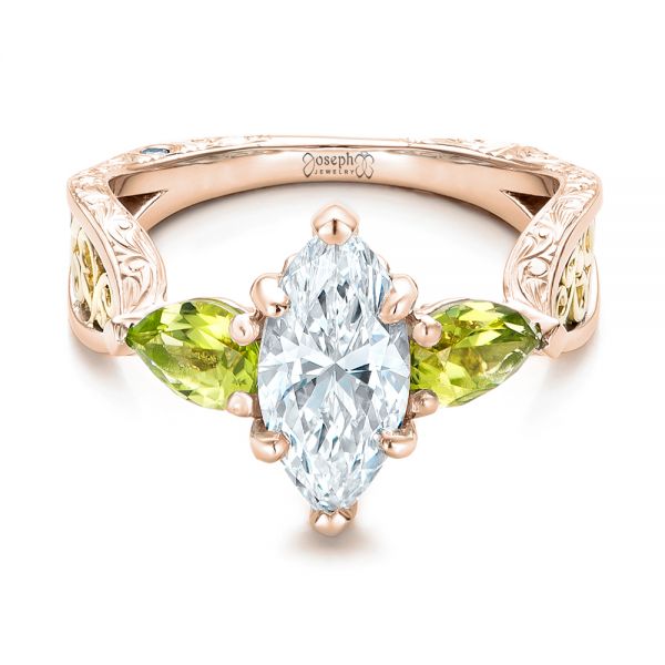 18k Rose Gold And Platinum 18k Rose Gold And Platinum Custom Two-tone Marquise Diamond And Peridot Engagement Ring - Flat View -  101990