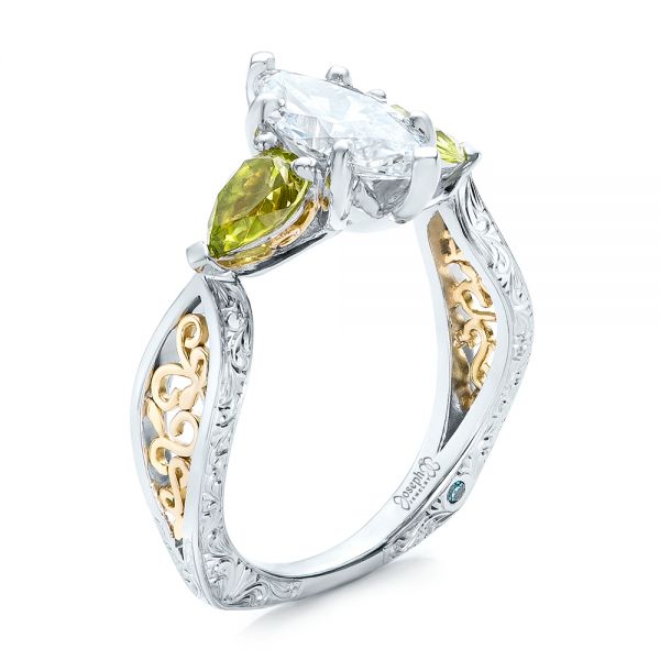  Platinum And 14K Gold Platinum And 14K Gold Custom Two-tone Marquise Diamond And Peridot Engagement Ring - Three-Quarter View -  101990