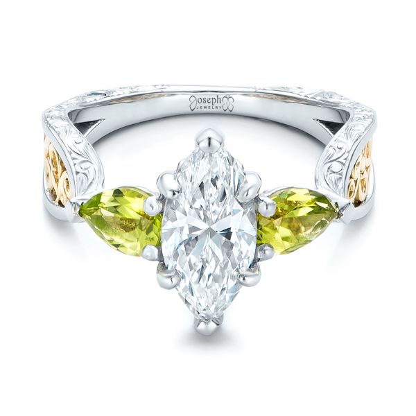 14k White Gold And Platinum 14k White Gold And Platinum Custom Two-tone Marquise Diamond And Peridot Engagement Ring - Flat View -  101990