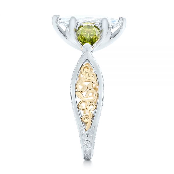  Platinum And 18K Gold Custom Two-tone Marquise Diamond And Peridot Engagement Ring - Side View -  101990