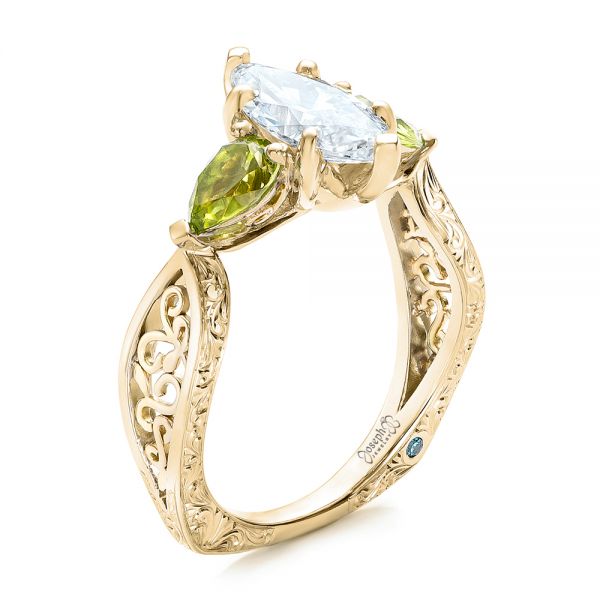 Custom Two-Tone Marquise Diamond and Peridot Engagement Ring - Image