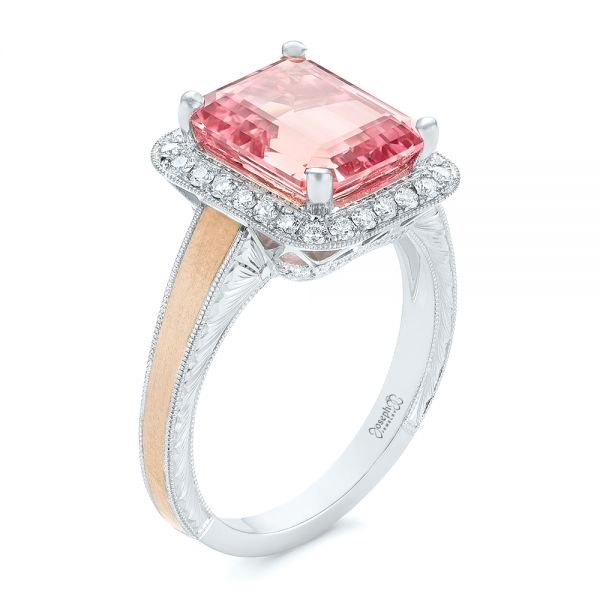 Custom Two-Tone Peach Sapphire and Diamond Halo Engagement Ring - Image