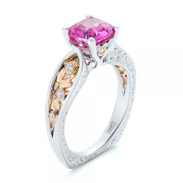 18k White Gold And 18K Gold Custom Two-tone Pink Sapphire And Diamond Engagement Ring - Three-Quarter View -  102827