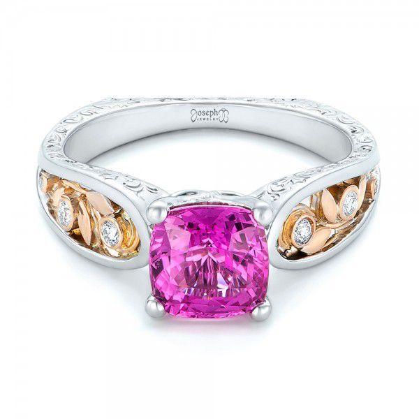 18k White Gold And 18K Gold Custom Two-tone Pink Sapphire And Diamond Engagement Ring - Flat View - 102827