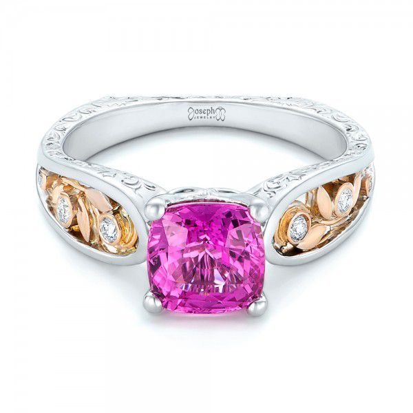 18k White Gold And 14K Gold 18k White Gold And 14K Gold Custom Two-tone Pink Sapphire And Diamond Engagement Ring - Flat View -  102827