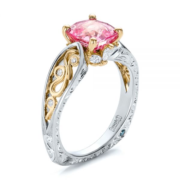  Platinum And 14k Yellow Gold Platinum And 14k Yellow Gold Custom Two-tone Pink Sapphire And Diamond Engagement Ring - Three-Quarter View -  100570