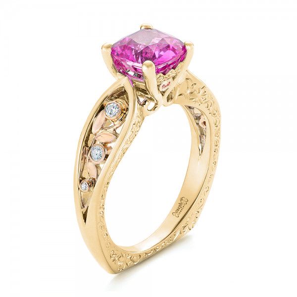 14k Yellow Gold And 14K Gold 14k Yellow Gold And 14K Gold Custom Two-tone Pink Sapphire And Diamond Engagement Ring - Three-Quarter View -  102827