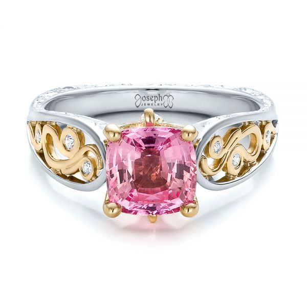 14K Gold And 18k Yellow Gold 14K Gold And 18k Yellow Gold Custom Two-tone Pink Sapphire And Diamond Engagement Ring - Flat View - 100570