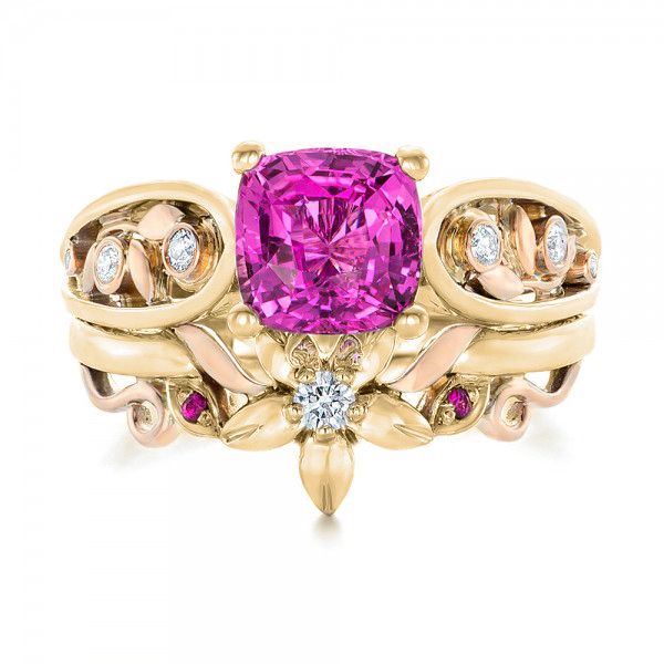 18k Yellow Gold And 14K Gold 18k Yellow Gold And 14K Gold Custom Two-tone Pink Sapphire And Diamond Engagement Ring - Top View -  102827