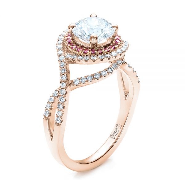 18k Rose Gold And 18K Gold 18k Rose Gold And 18K Gold Custom Two-tone Pink Sapphire And White Diamond Halo Engagement Ring - Three-Quarter View -  101175