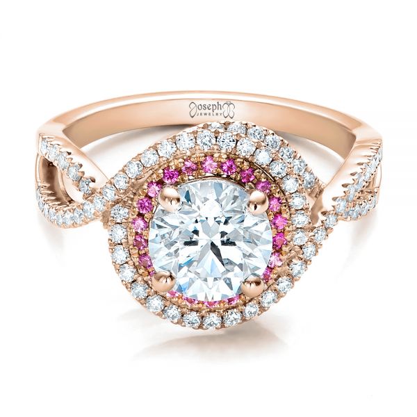 18k Rose Gold And Platinum 18k Rose Gold And Platinum Custom Two-tone Pink Sapphire And White Diamond Halo Engagement Ring - Flat View -  101175