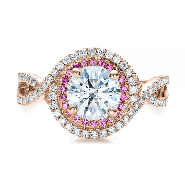 18k Rose Gold And Platinum 18k Rose Gold And Platinum Custom Two-tone Pink Sapphire And White Diamond Halo Engagement Ring - Top View -  101175