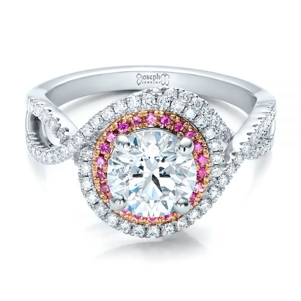 Platinum And 18K Gold Custom Two-tone Pink Sapphire And White Diamond Halo Engagement Ring - Flat View - 101175