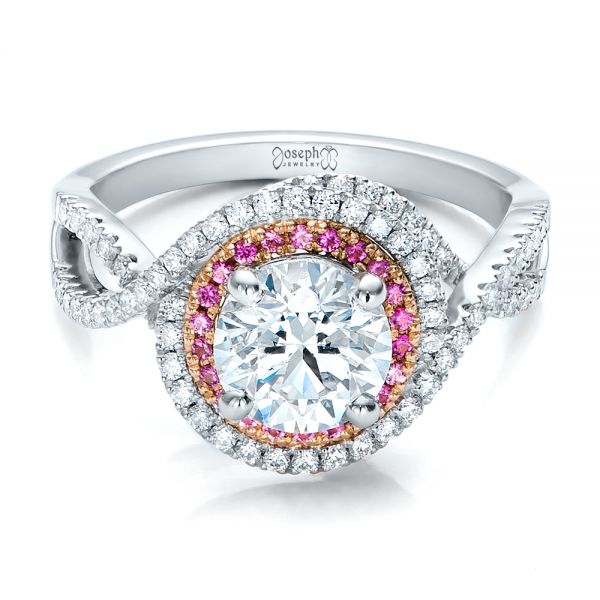 18k White Gold And Platinum 18k White Gold And Platinum Custom Two-tone Pink Sapphire And White Diamond Halo Engagement Ring - Flat View -  101175