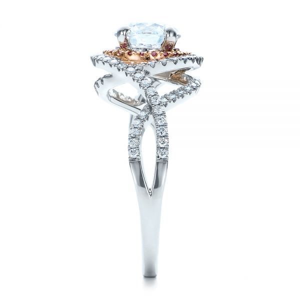 Platinum And 18K Gold Custom Two-tone Pink Sapphire And White Diamond Halo Engagement Ring - Side View - 101175