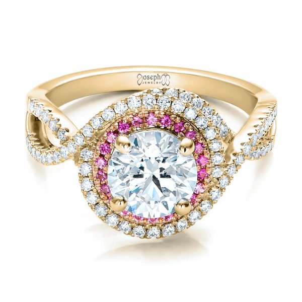 14k Yellow Gold And 18K Gold 14k Yellow Gold And 18K Gold Custom Two-tone Pink Sapphire And White Diamond Halo Engagement Ring - Flat View -  101175