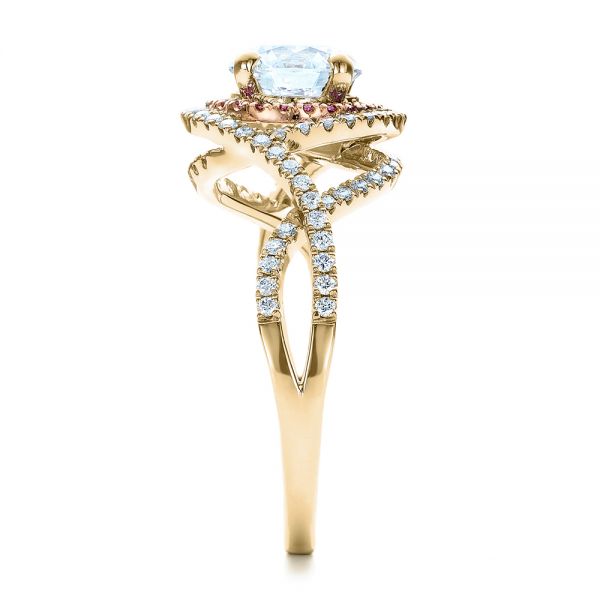 14k Yellow Gold And 18K Gold 14k Yellow Gold And 18K Gold Custom Two-tone Pink Sapphire And White Diamond Halo Engagement Ring - Side View - 101175