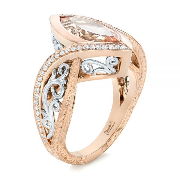 14k Rose Gold And 14K Gold Custom Two-tone Morganite And Diamond Engagement Ring - Three-Quarter View -  102808