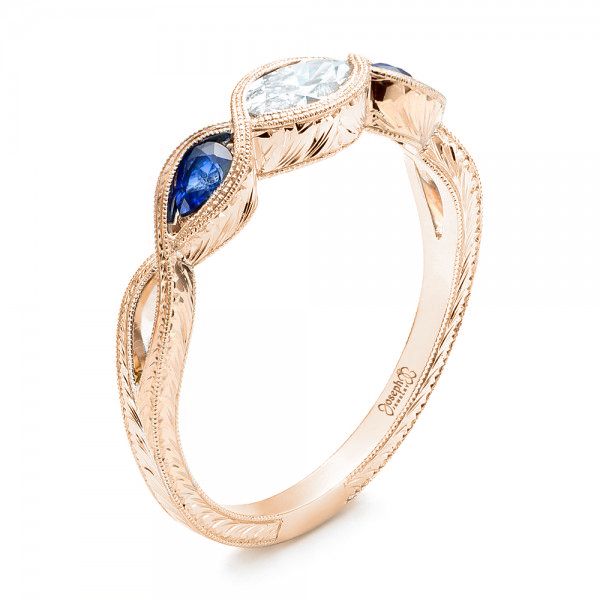 18k Rose Gold And Platinum 18k Rose Gold And Platinum Custom Two-tone Three Stone Blue Sapphire And Diamond Engagement Ring - Three-Quarter View -  103056