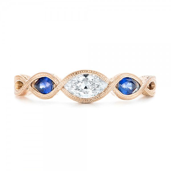 18k Rose Gold And Platinum 18k Rose Gold And Platinum Custom Two-tone Three Stone Blue Sapphire And Diamond Engagement Ring - Top View -  103056