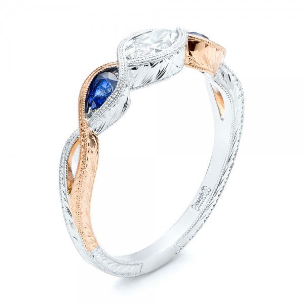 14k White Gold And 18K Gold 14k White Gold And 18K Gold Custom Two-tone Three Stone Blue Sapphire And Diamond Engagement Ring - Three-Quarter View -  103056