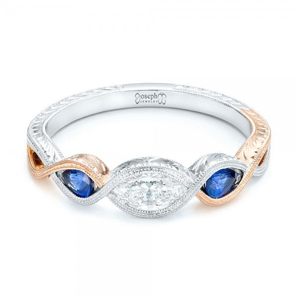 14k White Gold And 14K Gold Custom Two-tone Three Stone Blue Sapphire And Diamond Engagement Ring - Flat View -  103056