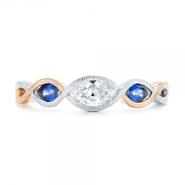  Platinum And 14K Gold Platinum And 14K Gold Custom Two-tone Three Stone Blue Sapphire And Diamond Engagement Ring - Top View -  103056