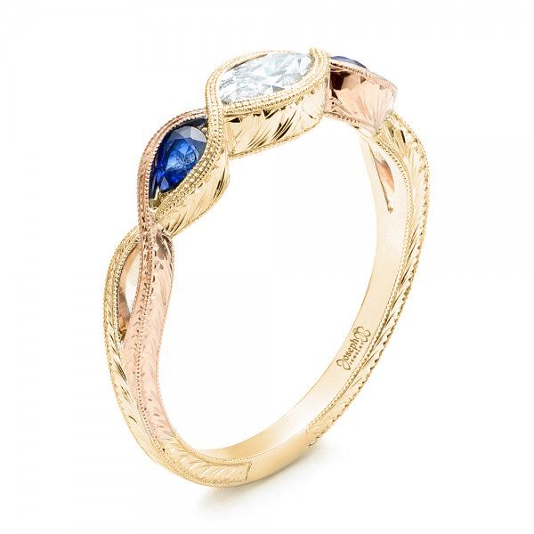 18k Yellow Gold And Platinum 18k Yellow Gold And Platinum Custom Two-tone Three Stone Blue Sapphire And Diamond Engagement Ring - Three-Quarter View -  103056