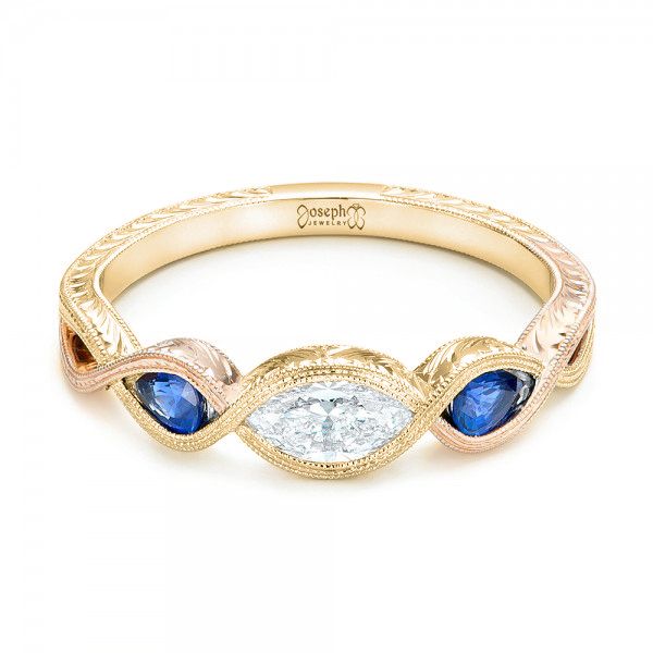 18k Yellow Gold And 14K Gold 18k Yellow Gold And 14K Gold Custom Two-tone Three Stone Blue Sapphire And Diamond Engagement Ring - Flat View - 103056
