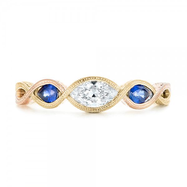 18k Yellow Gold And 14K Gold 18k Yellow Gold And 14K Gold Custom Two-tone Three Stone Blue Sapphire And Diamond Engagement Ring - Top View -  103056