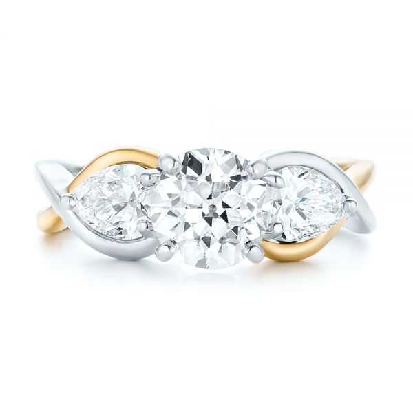 18k Yellow Gold And 18K Gold 18k Yellow Gold And 18K Gold Custom Two-tone Three Stone Diamond Engagement Ring - Top View - 102912