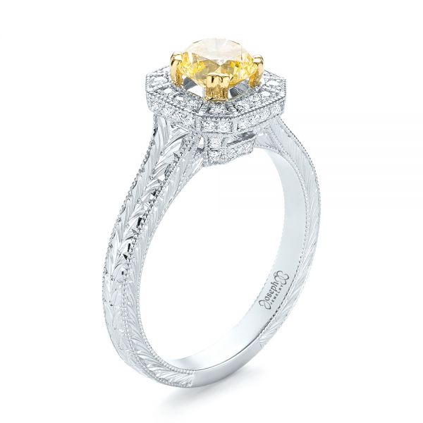 14k White Gold And Platinum 14k White Gold And Platinum Custom Two-tone Yellow And White Diamond Halo Engagement Ring - Three-Quarter View -  103270