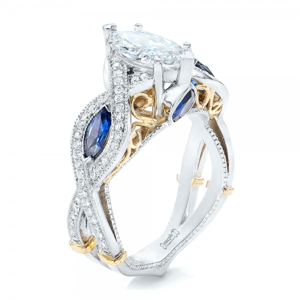  18K Gold Two-tone And Blue Sapphire And Diamond Engagement Ring - Three-Quarter View -  102111