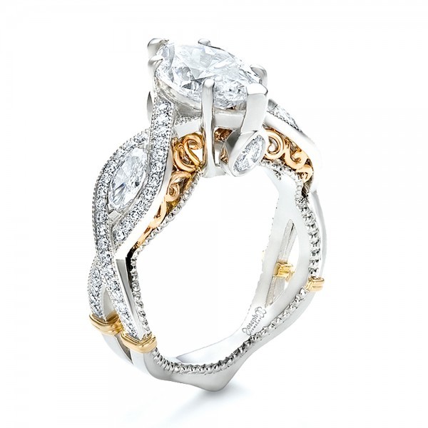  Platinum And 18K Gold Custom Two-tone And Marquise Diamond Engagement Ring - Three-Quarter View -  100620