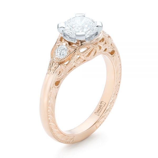 18k Rose Gold And Platinum 18k Rose Gold And Platinum Custom Vintage Diamond Engagement Ring - Three-Quarter View -  102797