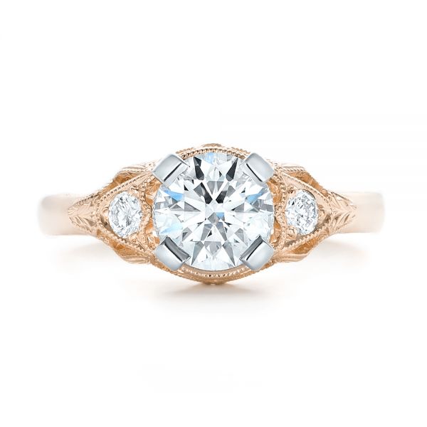 18k Rose Gold And 14K Gold 18k Rose Gold And 14K Gold Custom Vintage Diamond Engagement Ring - Top View -  102797