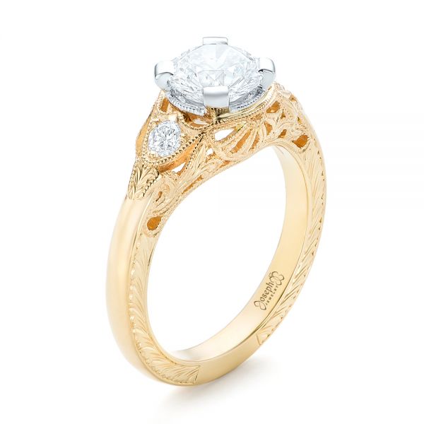 18k Yellow Gold And 18K Gold Custom Vintage Diamond Engagement Ring - Three-Quarter View -  102797