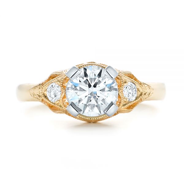 18k Yellow Gold And 18K Gold Custom Vintage Diamond Engagement Ring - Top View -  102797