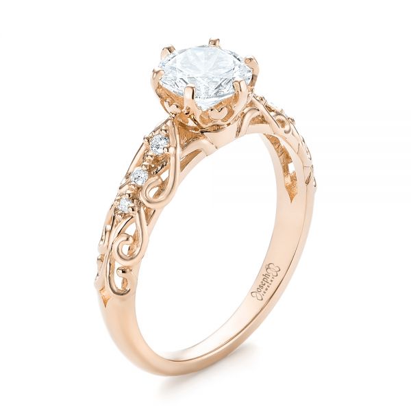 18k Rose Gold 18k Rose Gold Custom Vintage Style Diamond Engagement Ring - Three-Quarter View -  103460