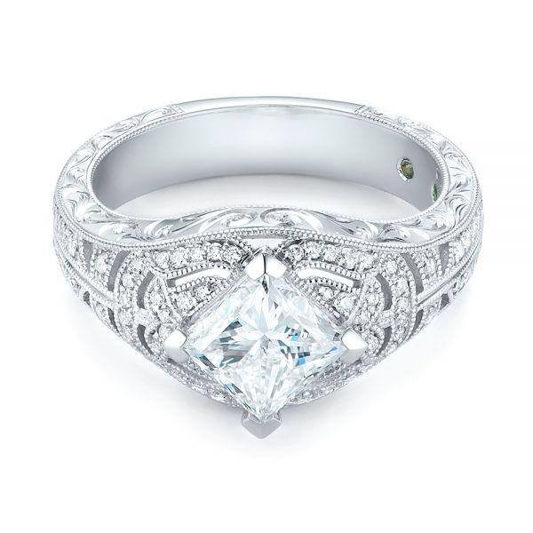 14k White Gold Custom Vintage Style Diamond Engagement Ring - Flat View -  104784