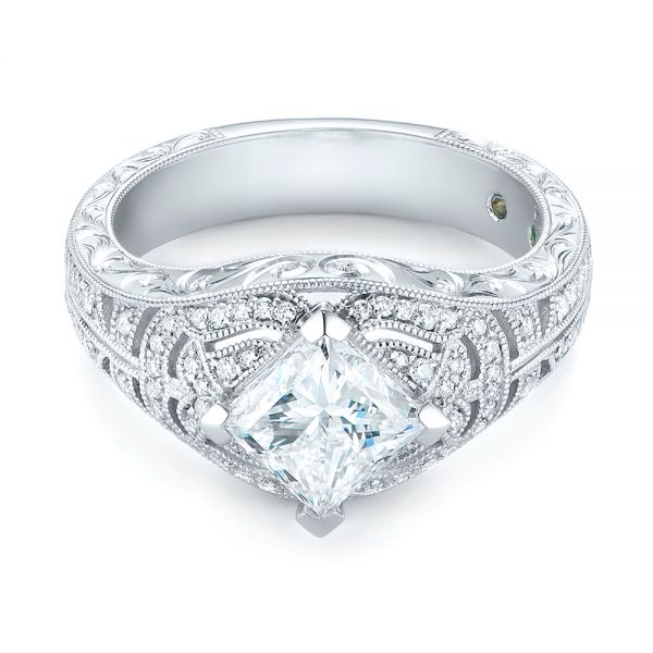 14k White Gold Custom Vintage Style Diamond Engagement Ring - Flat View - 104784