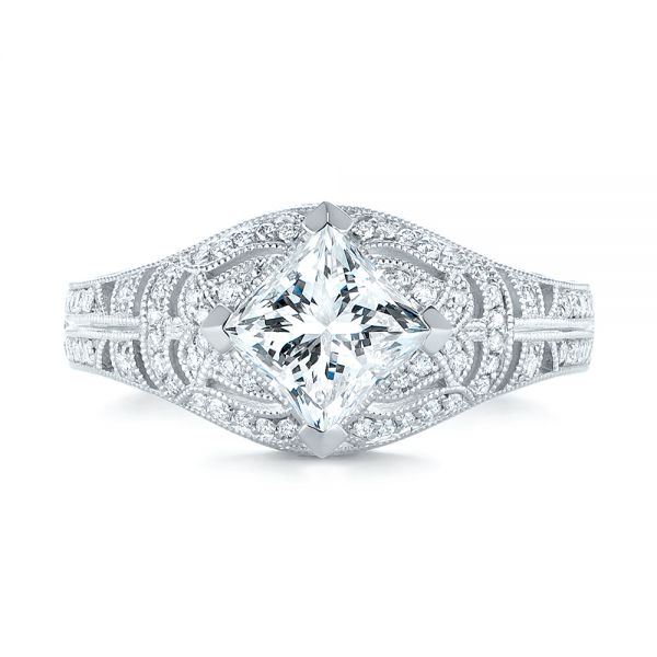 14k White Gold Custom Vintage Style Diamond Engagement Ring - Top View -  104784