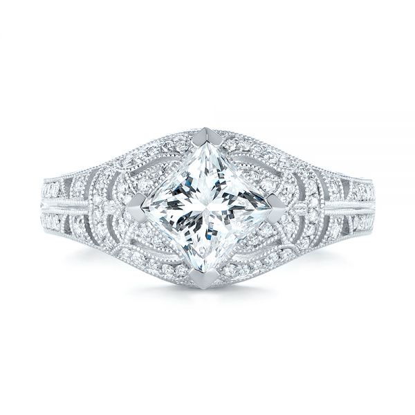 14k White Gold Custom Vintage Style Diamond Engagement Ring - Top View - 104784