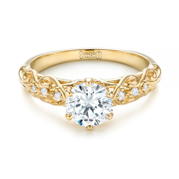 18k Yellow Gold Custom Vintage Style Diamond Engagement Ring - Flat View -  103460