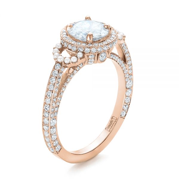 18k Rose Gold 18k Rose Gold Custom White Pearl And Diamond Halo Engagement Ring - Three-Quarter View -  102162