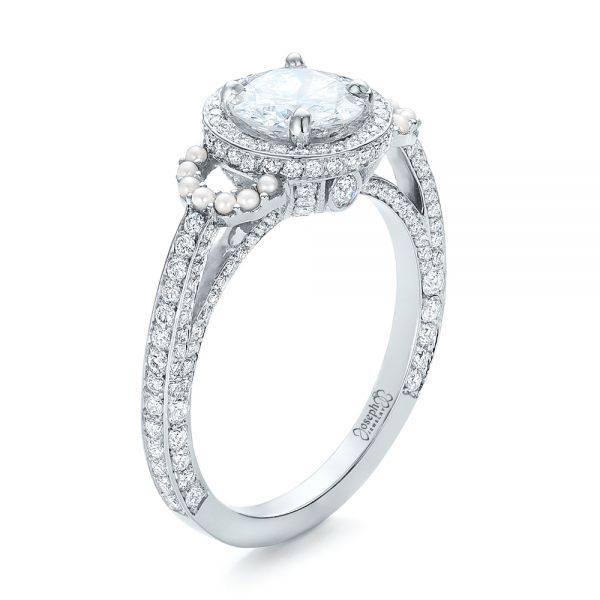 14k White Gold Custom White Pearl And Diamond Halo Engagement Ring - Three-Quarter View -  102162