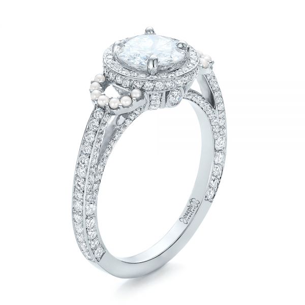  Platinum Platinum Custom White Pearl And Diamond Halo Engagement Ring - Three-Quarter View -  102162