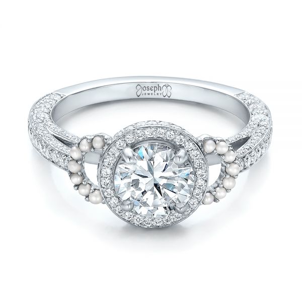 14k White Gold Custom White Pearl And Diamond Halo Engagement Ring - Flat View - 102162